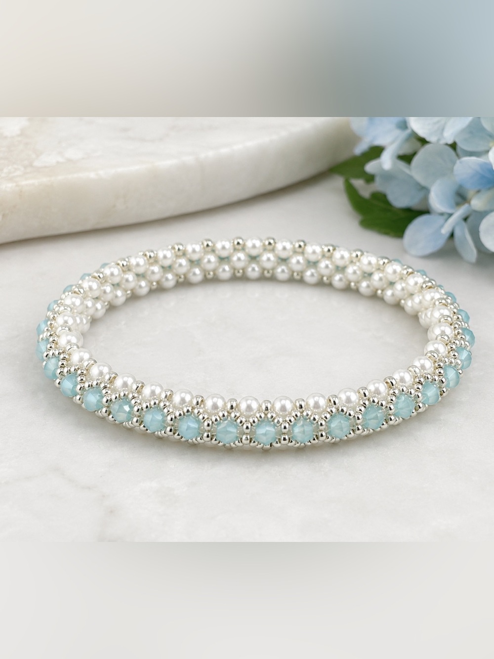 Hand Crafted Pearl and Aqua Crystal Beaded Bangle Bracelet